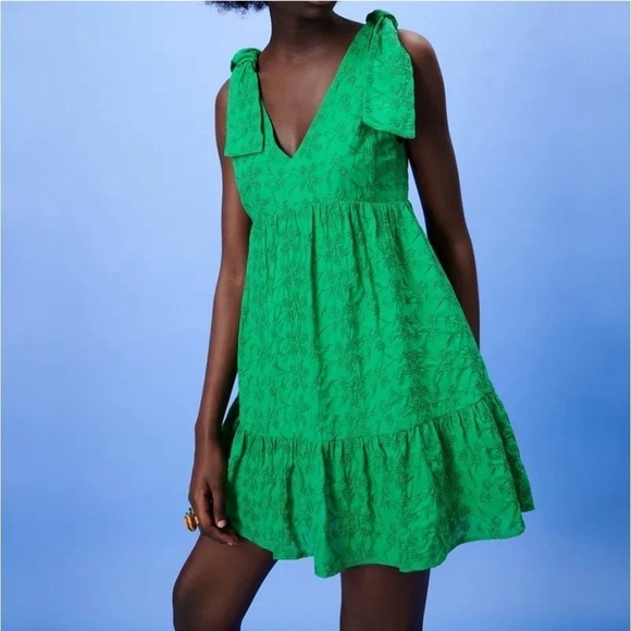 Zara Dress Romper Embroidered Green Tie Knot Dress Size Large - Picture 1 of 10